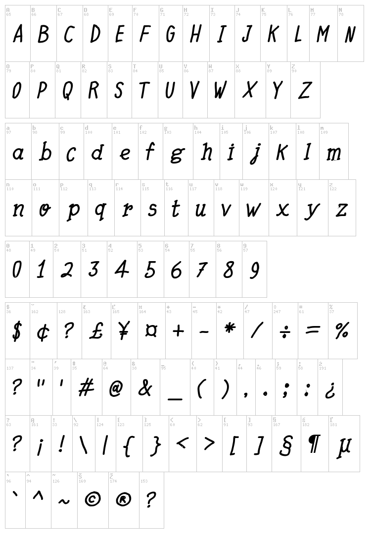 Quick Writing font map